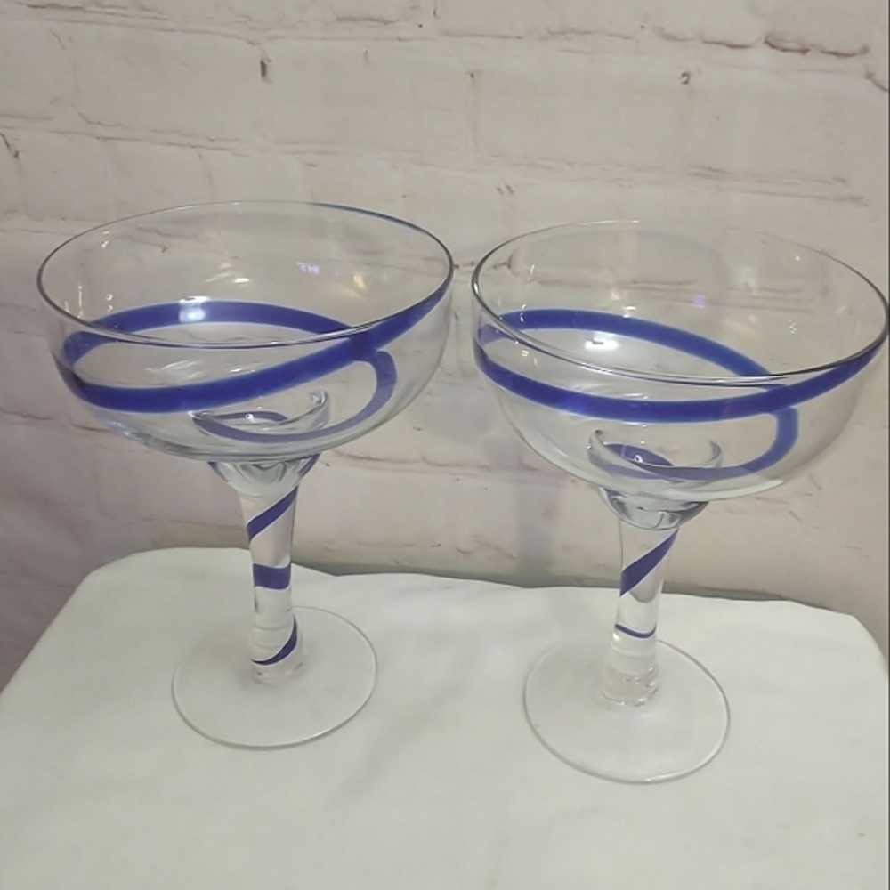 Pair of PIER 1 Imports  Swirline MARGARITA Glasses Cobalt Blue Swirl